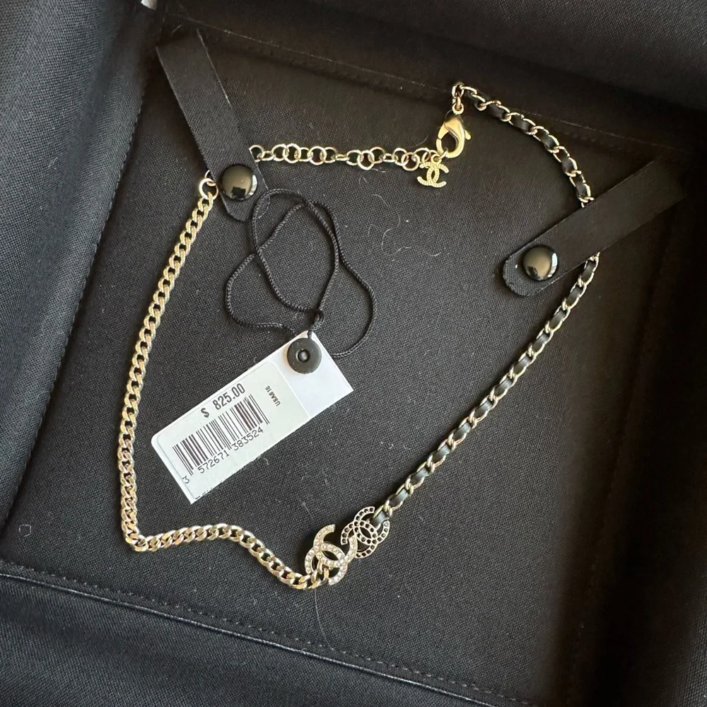 Chanel Double CC Chain Choker Necklace Metal with Leather and Crystals - Picture 2 of 4